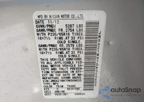 2013 Nissan Murano Sl z USA, uszkodzony, nr VIN JN8AZ1MW7DW309633